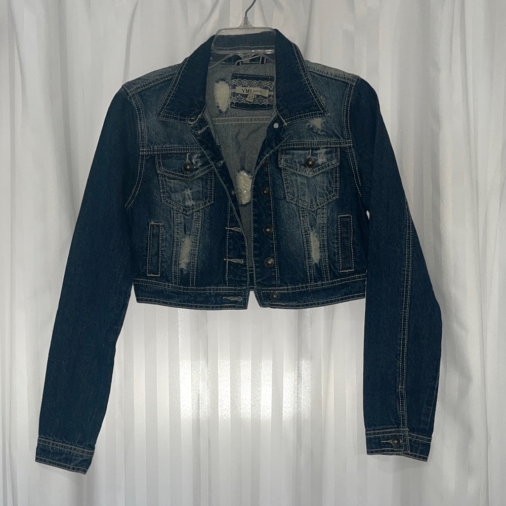 Denim Distressed Crop Jean Jacket - Dark Wash Blue